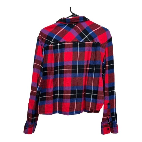 EXPRESS Women SZ M Red Plaid Flannel Cropped Button Down Shirt Long Sleeve - Picture 3 of 11